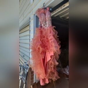 Let's Fashion Coral and Peach Tapered A-line Prom Dress with Matching Shawl